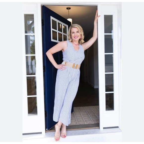 A new day blue white stripe draped jumpsuit with pockets small - Picture 4 of 4